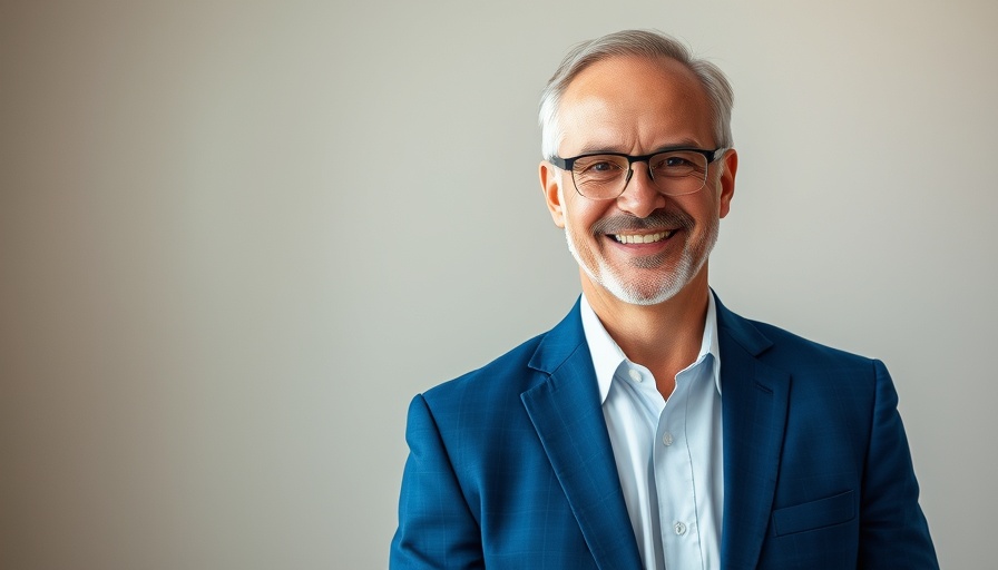 Mature man smiling confidently in a blue suit indoors.