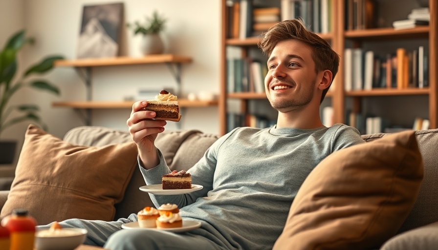 Young man eating cake and pastries on couch in cozy living room.