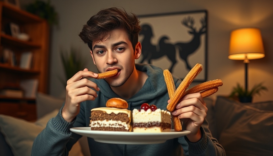 Young man eats cake and churros on couch, Why do you eat too much.
