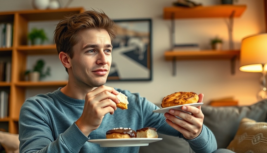Young man eating cake myths about overeating in cozy setting.