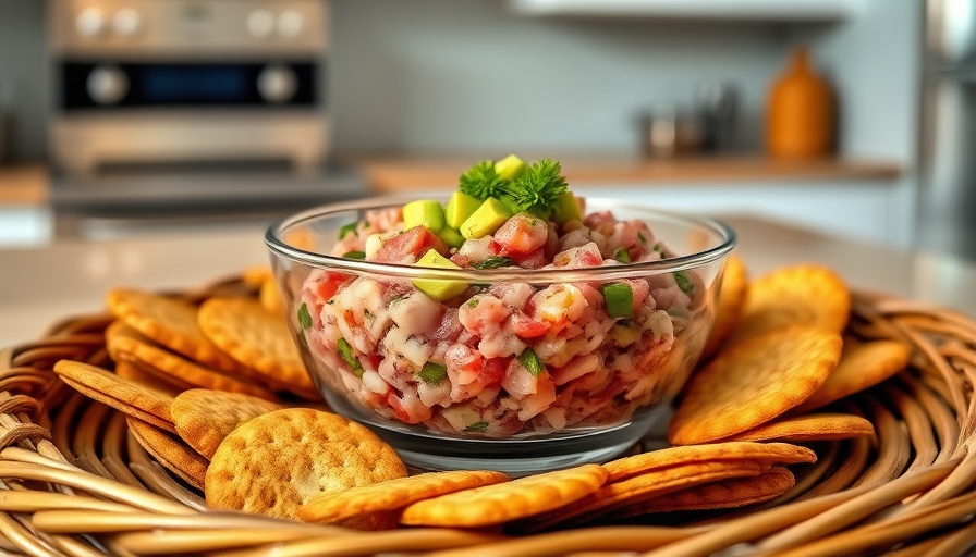 Colorful bluefin tuna tartare with avocado and crackers.
