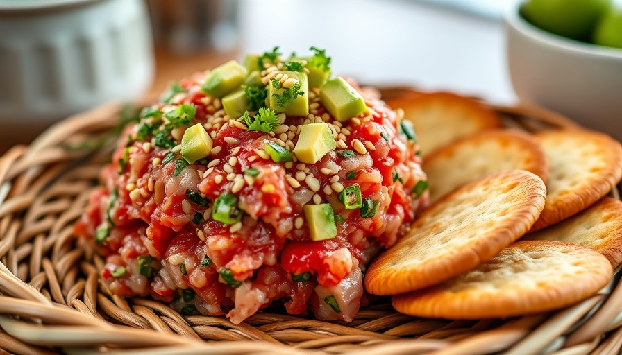 Bluefin Tuna Tartare Recipe with avocado and crackers on a rustic plate.