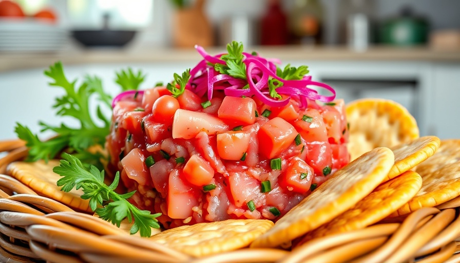 Vibrant Bluefin Tuna Tartare in a glass bowl with rice crackers.
