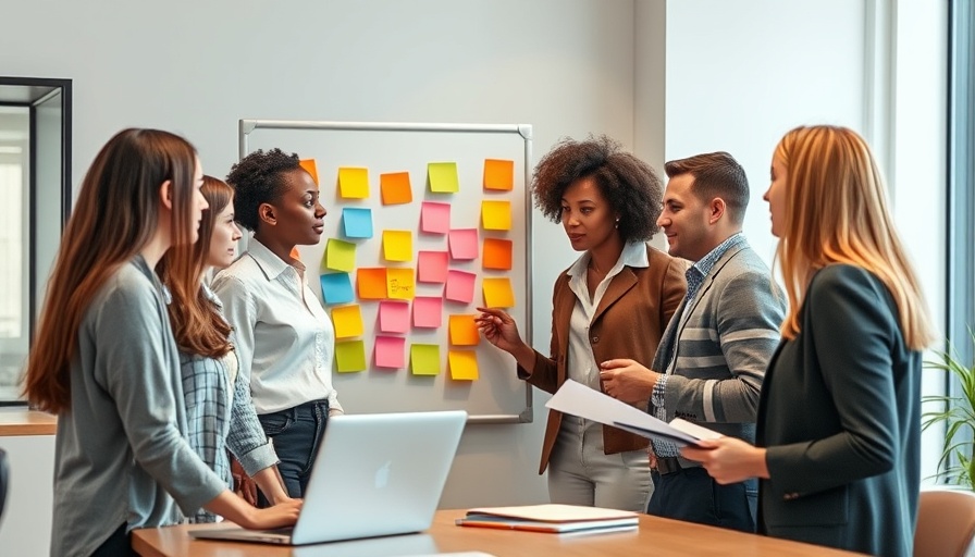 Diverse team discussing ideas with sticky notes in office.