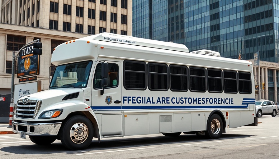 U.S. Immigration and Customs Enforcement bus parked in urban area.