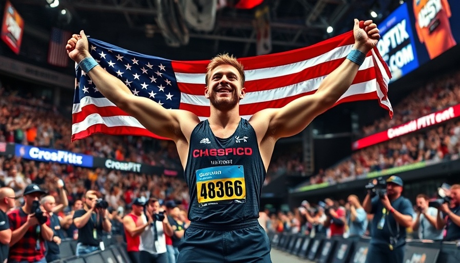 Athlete celebrating victory at CrossFit Games with U.S. flag.