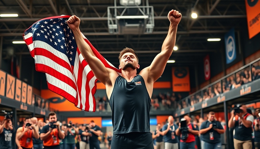 CrossFit athlete celebrates triumphantly at competition event.