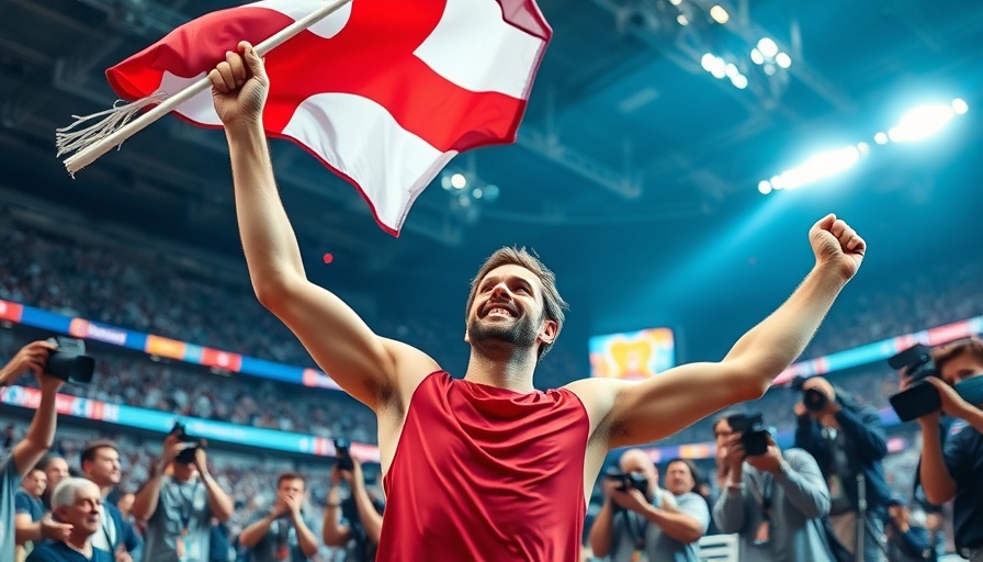 CrossFit Games athlete celebrating victory with flag, media presence.