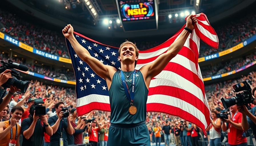 Athlete celebrating victory at CrossFit Games, cameras capturing moment.