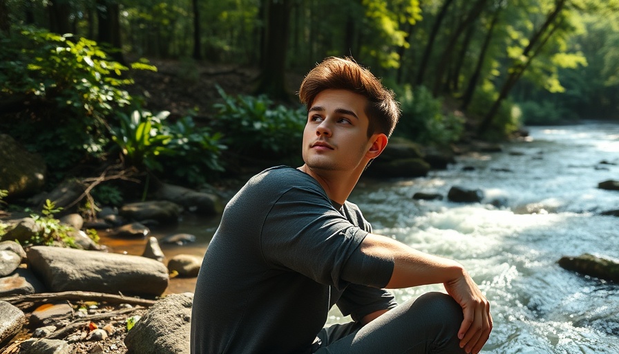 Serene young man enjoying nature by a forest stream, health and wellness.