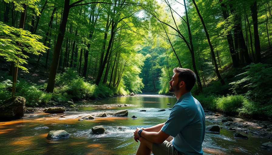 A contemplative man sitting by a forest stream, evoking health and wellness.