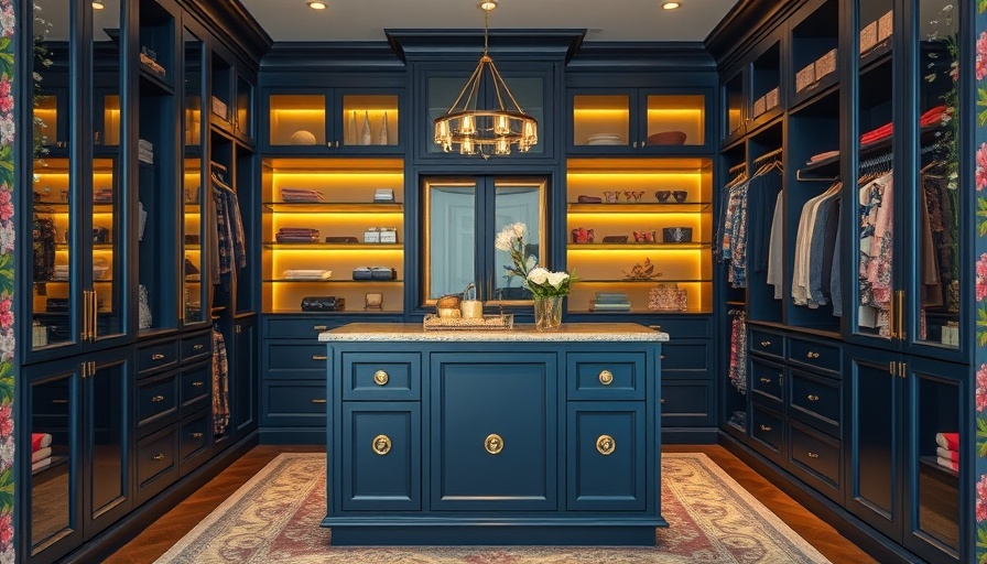 Elegant walk-in closet island with floral wallpaper in the background.