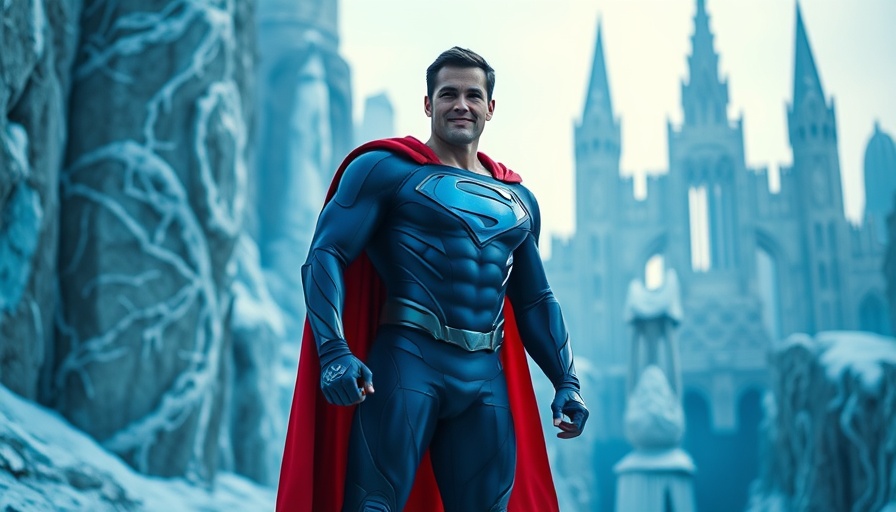Superman stands confidently in icy fortress, symbolizing box office success.