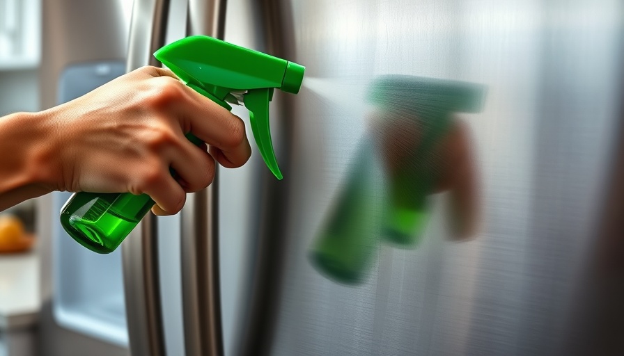 Hand using spray bottle on stainless steel fridge, cleaning kitchen grease.