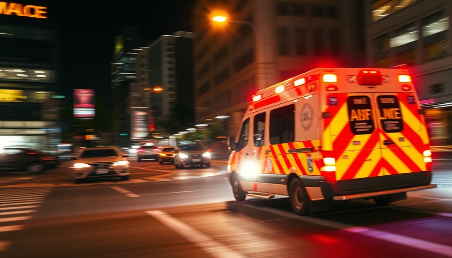 Flashing ambulance speeding through city at night with urgent motion blur.