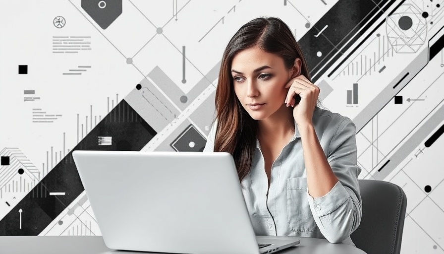 Woman using laptop with AI tools for Excel, stylized art.