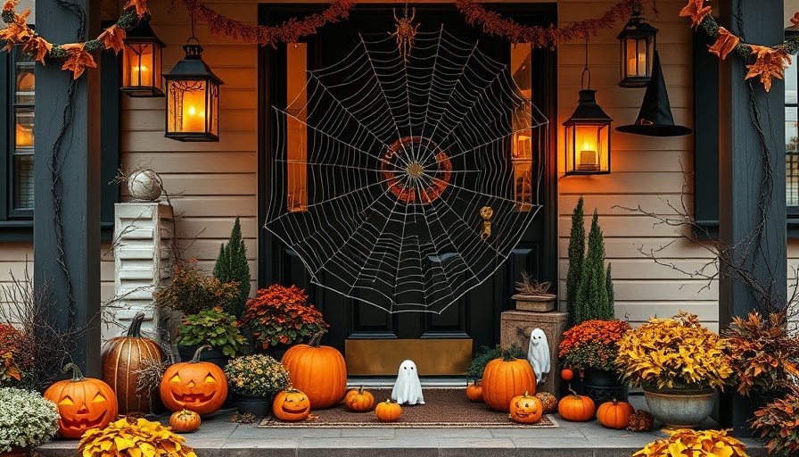 DIY Halloween Door Decorations on festive porch with pumpkins and lanterns.