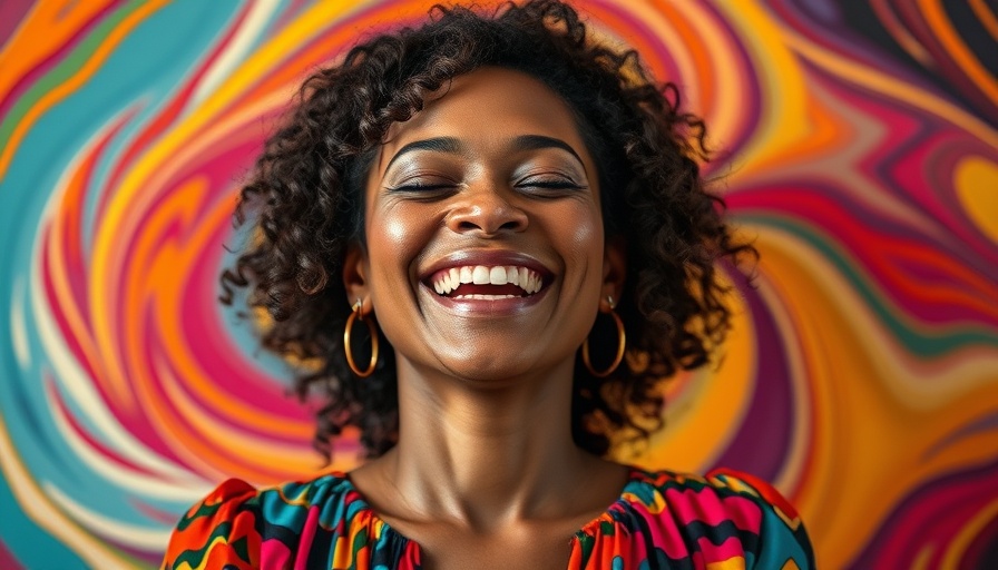 Joyful woman expressing self-love in vibrant dress, abstract art.