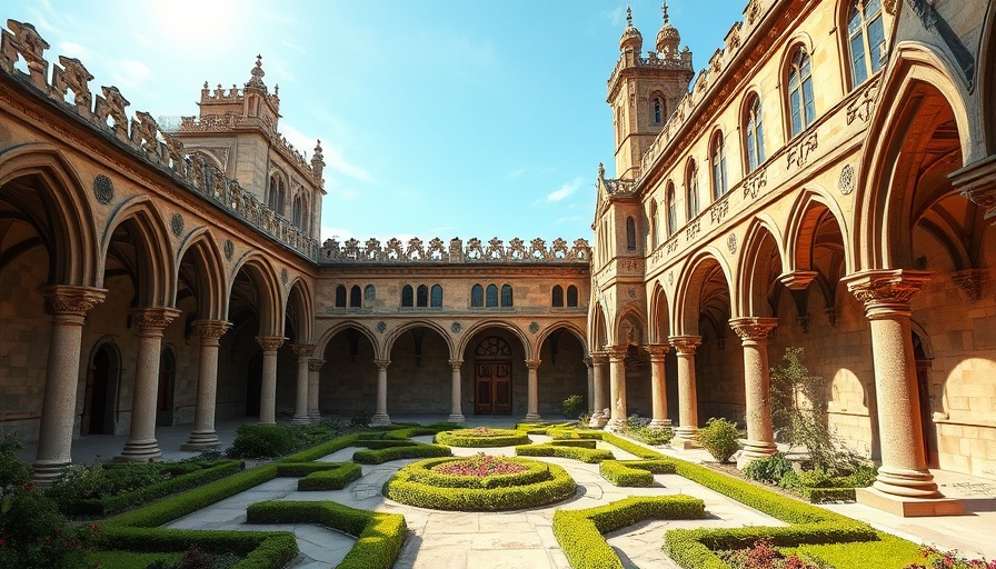 Stunning courtyard scene from Sevilla, showcasing detailed arches and vibrant foliage.