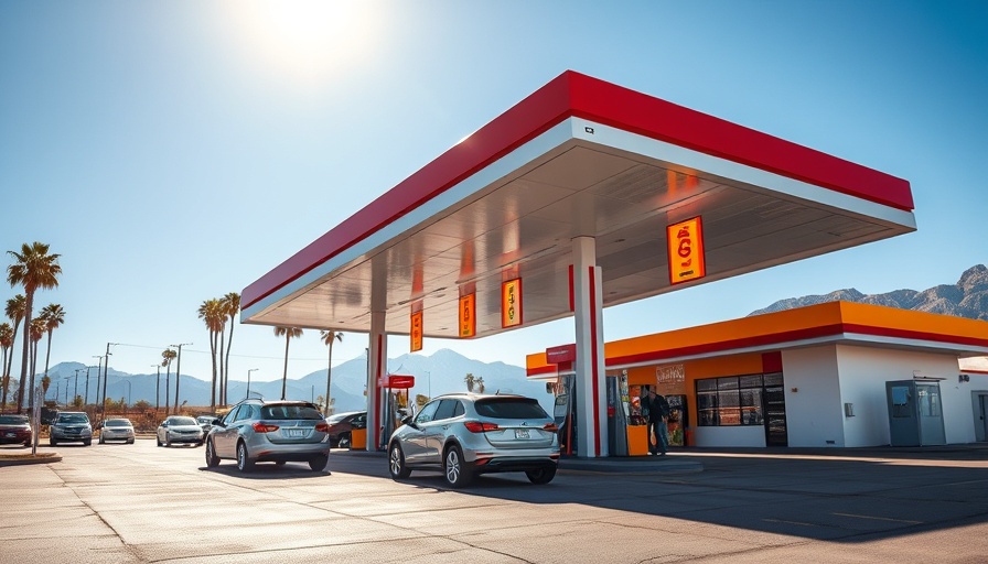 Sunny gas station scene with cars and mountains in the background.