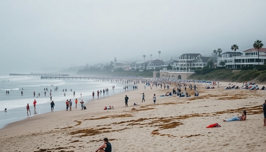 San Diego beach with overcast weather and crowds.