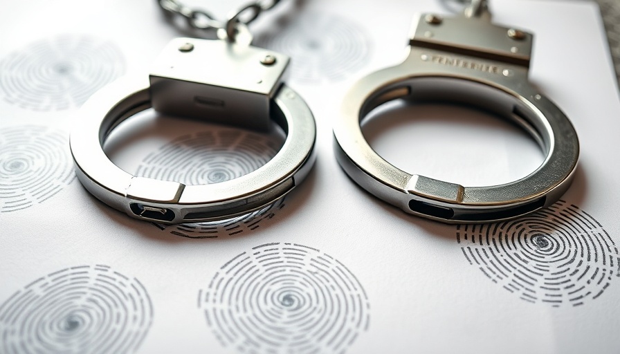 Metallic handcuffs on fingerprint sheet, crime investigation.