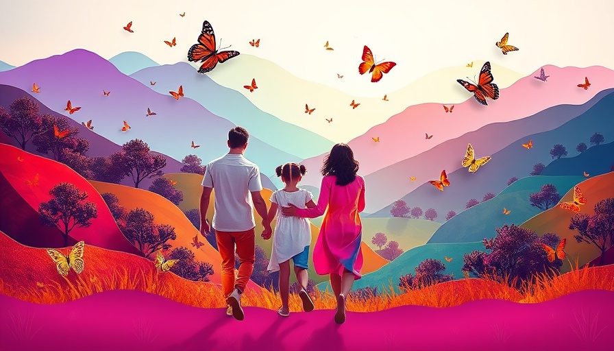 Abstract family walking in a vibrant paper-cut world, symbolizing joy.