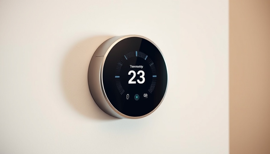 Smart home technology: modern thermostat on a wall showing temperature.