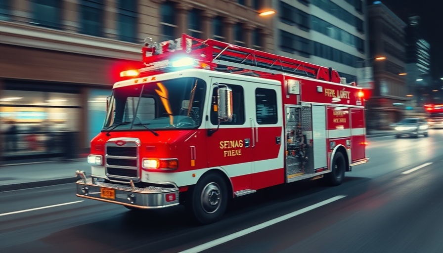Emergency response fire truck during Oakland apartment fire at night.