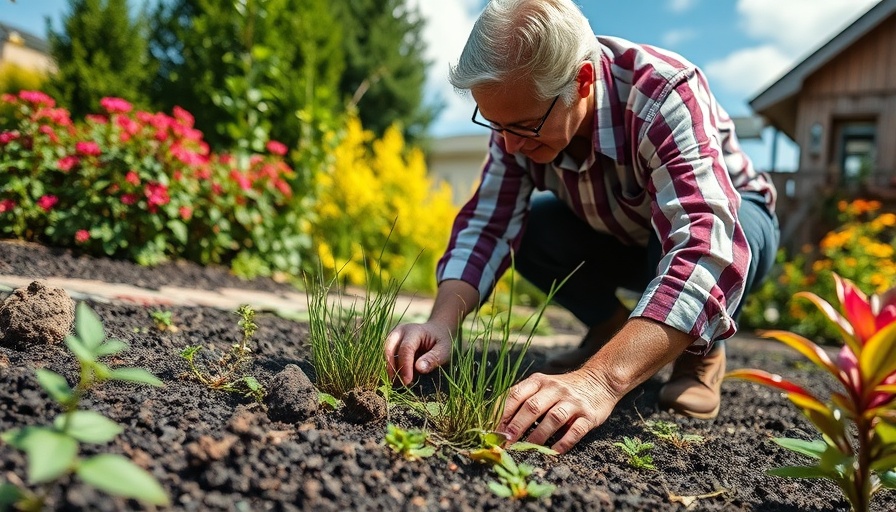 Homeowner using weed control strategies in garden