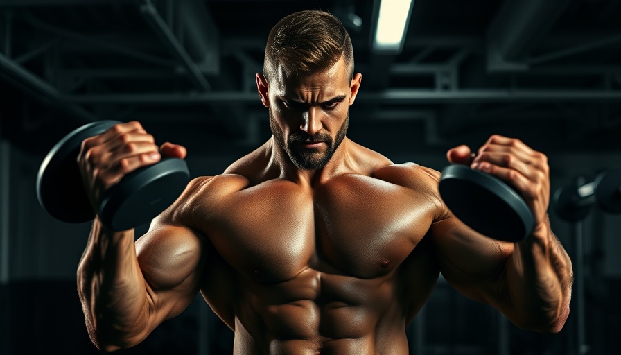 Muscular man lifting dumbbells during an Arnold Split Workout, focused in a gym.