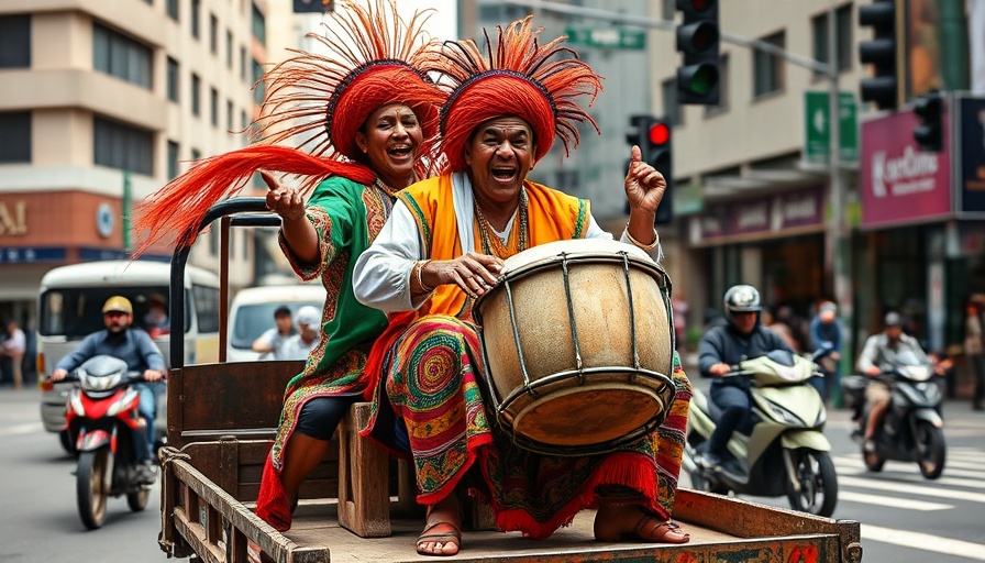 San Jose community news captures street performer in cultural attire drumming on truck.
