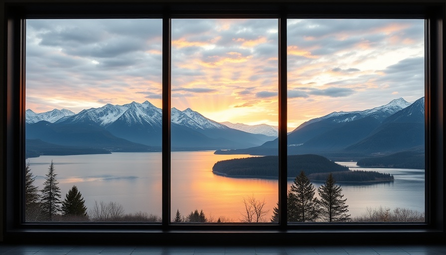 Modern window view of classic lake and mountains at sunset.