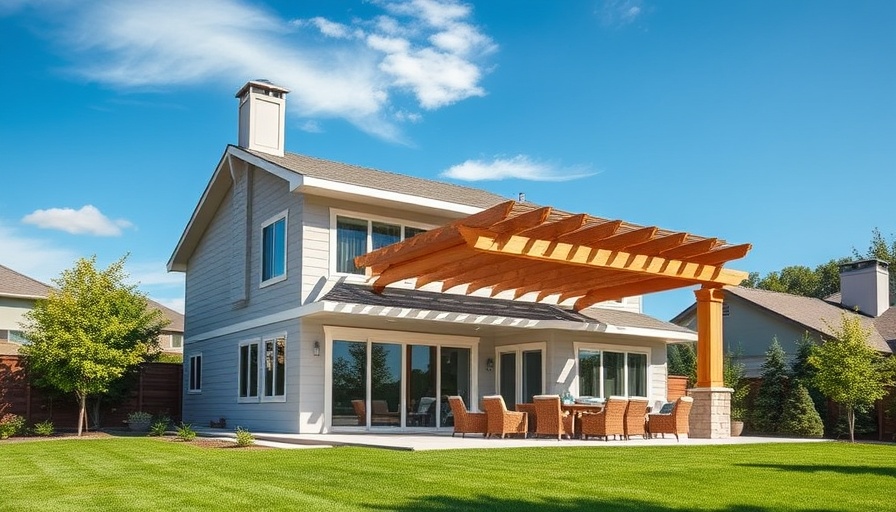 Modern home listing in Carlsbad with a pergola and green yard