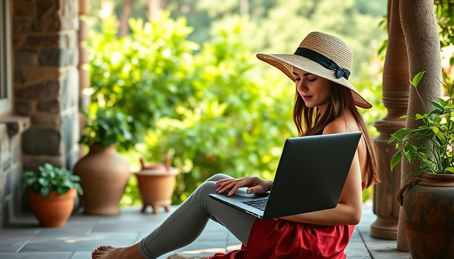 Woman using laptop on porch, relaxed setting, Airbnb security tips.
