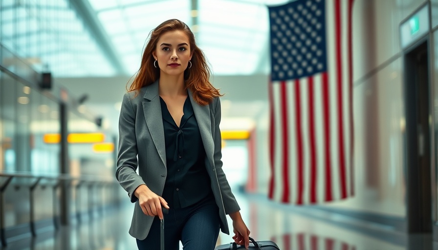Traveler in airport with USA flag background, symbolizing international inbound travel to U.S.