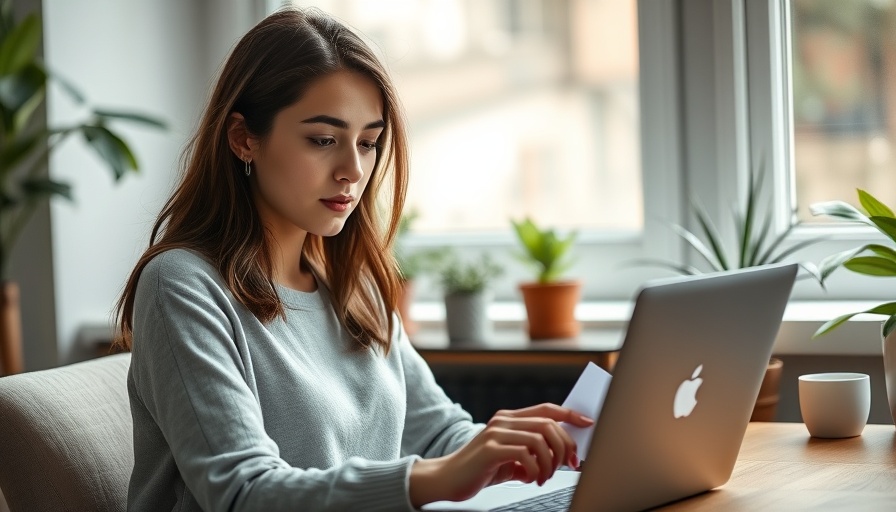 Hizzaboloufazic: Young woman reading notes on a laptop in bright home office.