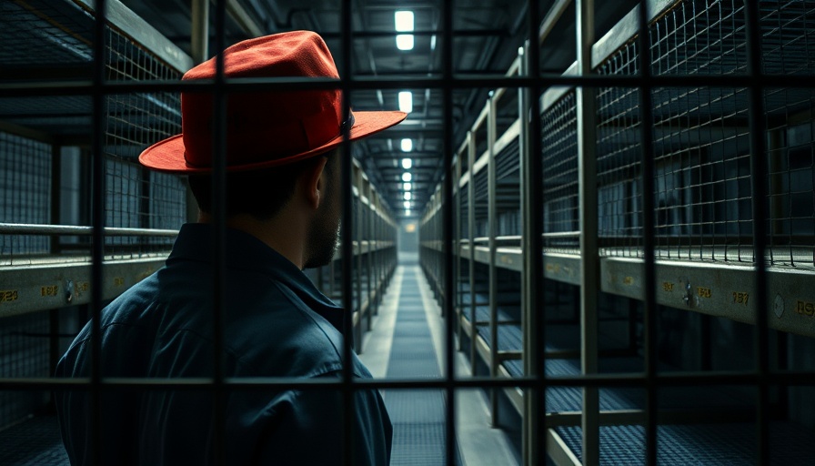 Tall man in a red hat observing metal bunk beds behind a fence.