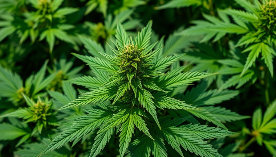 Close-up of cannabis plant in garden, vibrant green leaves.