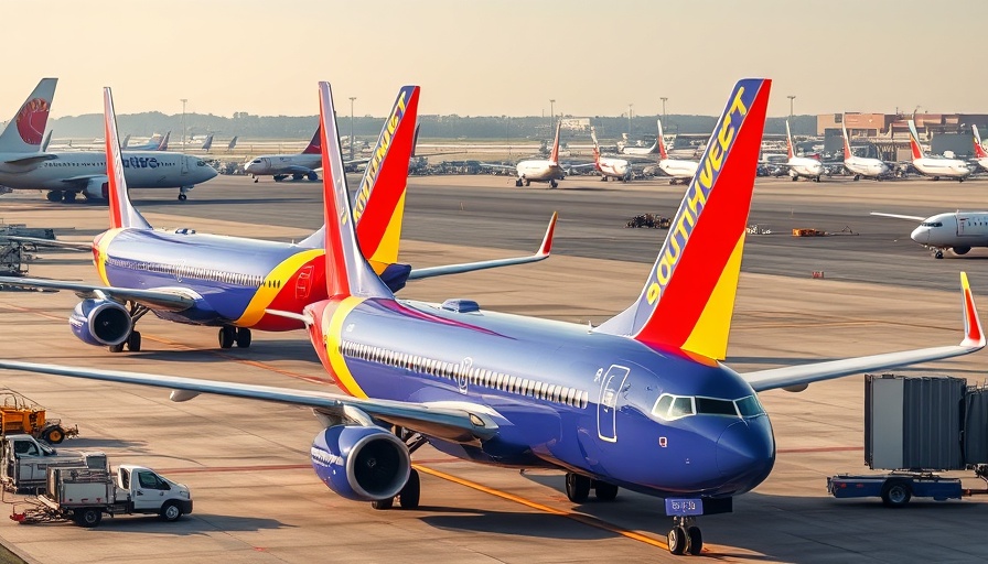 Southwest Airlines planes taxiing and waiting at airport, vibrant colors.