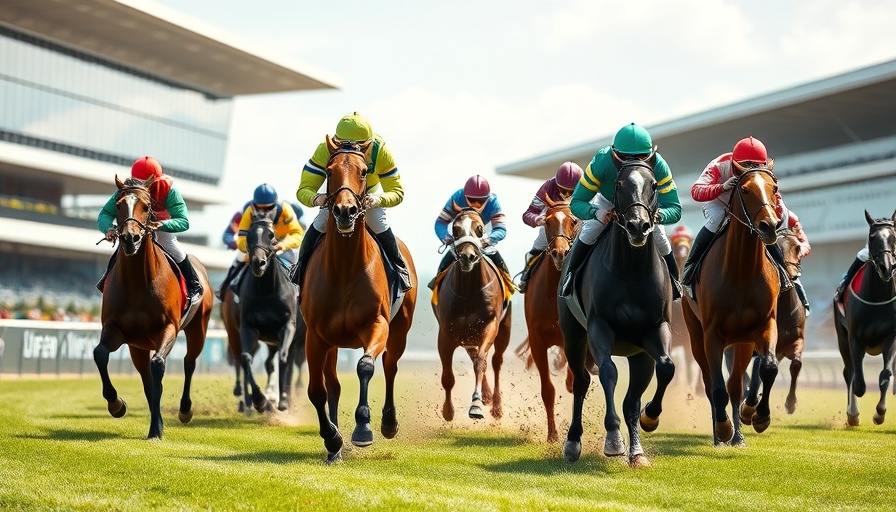 Exciting horse race in San Diego, lush racetrack, dynamic action.