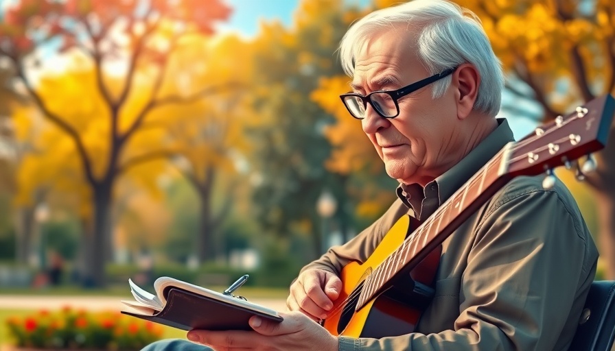 Elderly man writing in park, musician playing guitar, meaningful life concept.