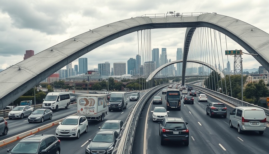 Traffic on bridge toll entry into Downtown Los Angeles with skyline.