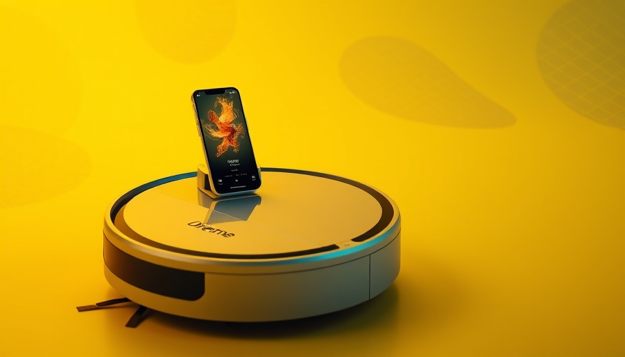 Sleek Dreame X40 robot vacuum with smartphone app on yellow background.