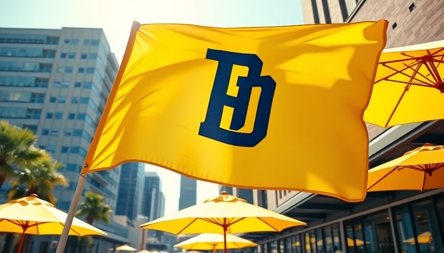 San Diego Padres flag waving above umbrellas, sunny day, cityscape.