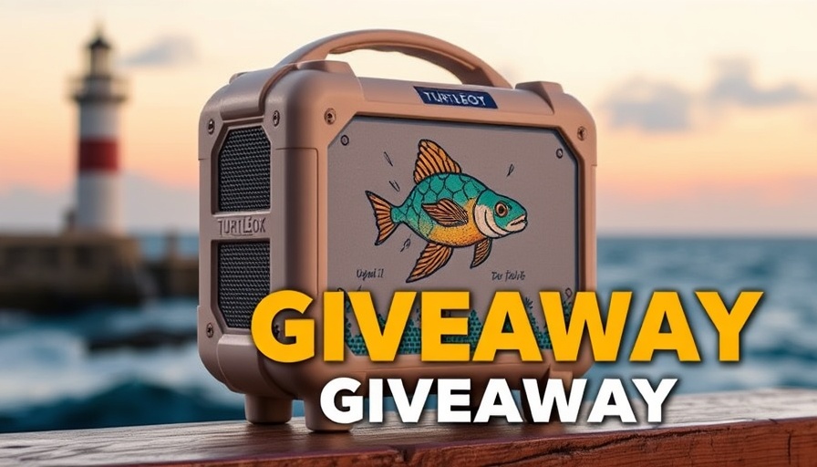Turtlebox speaker giveaway with fish design and logos.