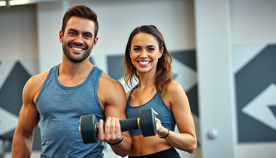 15 Min Dumbbell Arm Workout with partners smiling in gym setting.