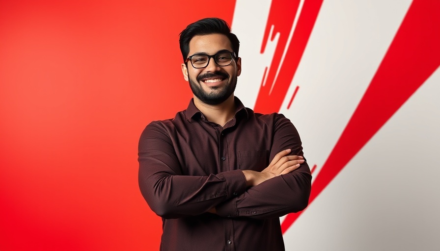 Smiling man with arms crossed in modern marketing graphic.