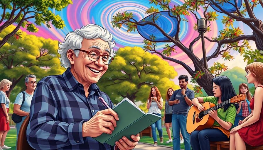 Elderly man writes in park as others listen to guitarist, colorful cartoon.