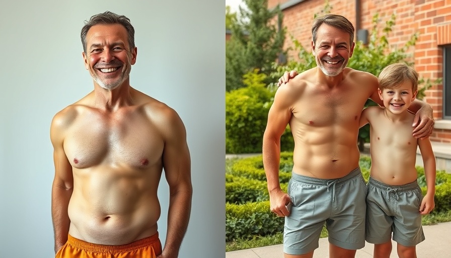 Transformation journey of a middle-aged man showing body changes.